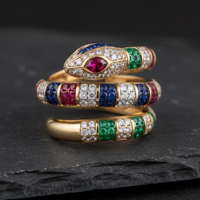 Unique Finger Wrap Snake Ring, Multi Gemstone Spiral Party Wear Ring
