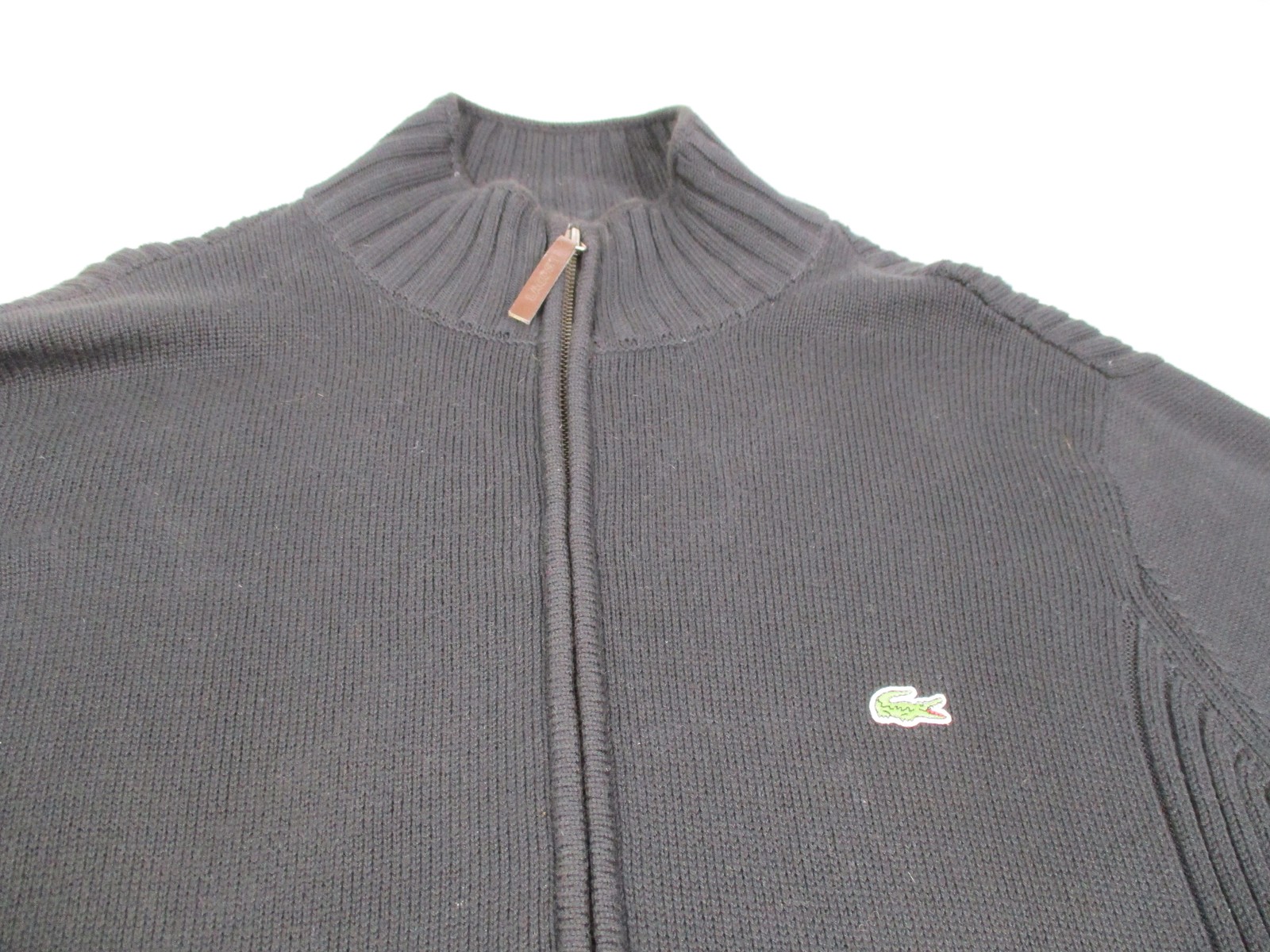 Lacoste Men's Medium Black Zip Up Crocodile Logo Ribbed Knit Sweater | Casual Layered image 3