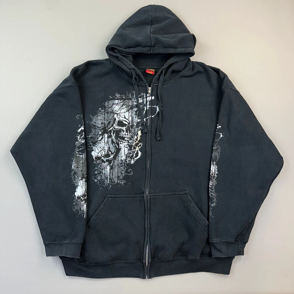 Sudadera con Capucha De Colección Lo último Cuero Para Hombres 2XL Cremallera Completa Calavera Gótico Motociclista Patín Y2K Foto 2 de 4