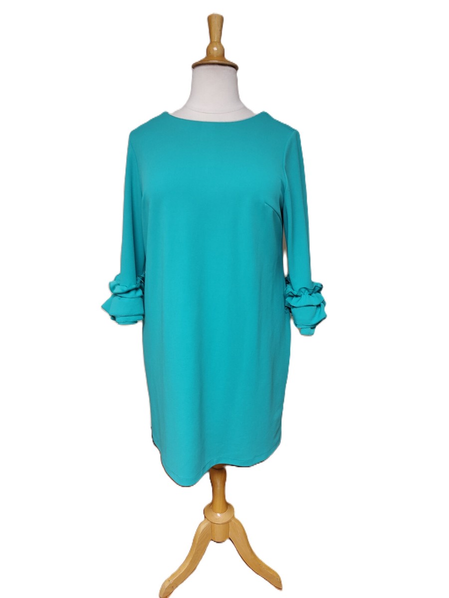 MAREE POUR TOI Green, Cyan 3/4 Ruffle Sleeves Sheath Dress-18 MAREE POUR TOI Green, Cyan 3/4 Ruffle Sleeves Sheath Dress-18