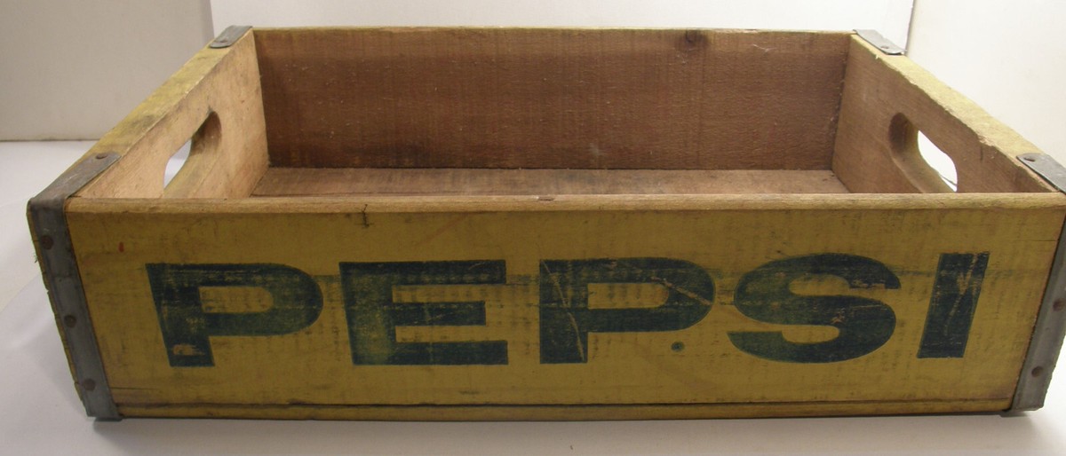 VINTAGE 1973 WOODEN PEPSI COLA BOTTLE CRATE CARRIER BLUE & YELLOW