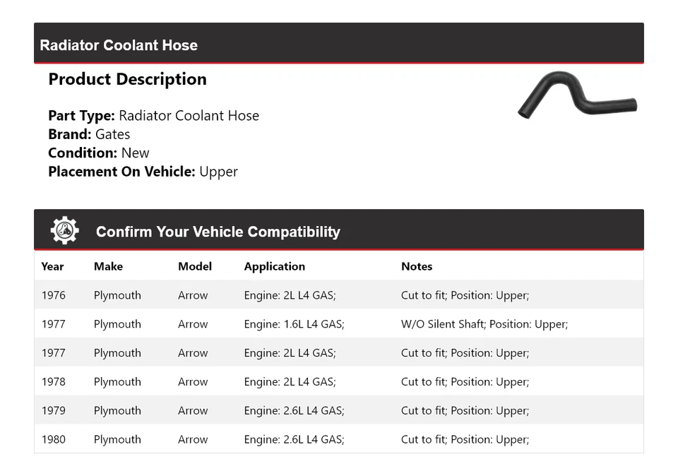 Manguera de refrigerante de radiador Plymouth Arrow 1976-1980 puertas superiores 1977 1978 1979 Foto 2 de 4