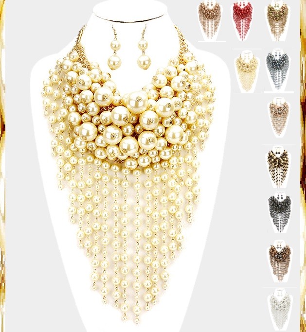 Bib Statement Chunky Multi Layered Fringe Beaded Strand Pearl