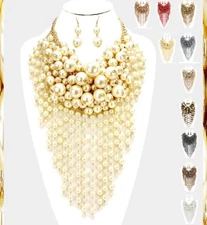 Bib Statement Chunky Multi Layered Fringe Beaded Strand Pearl Necklace Earrings