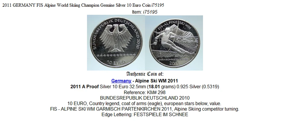2011 GERMANY FIS Alpine World Skiing Champion Genuine Silver 10 Euro Coin i75195 - Image 3 of 3