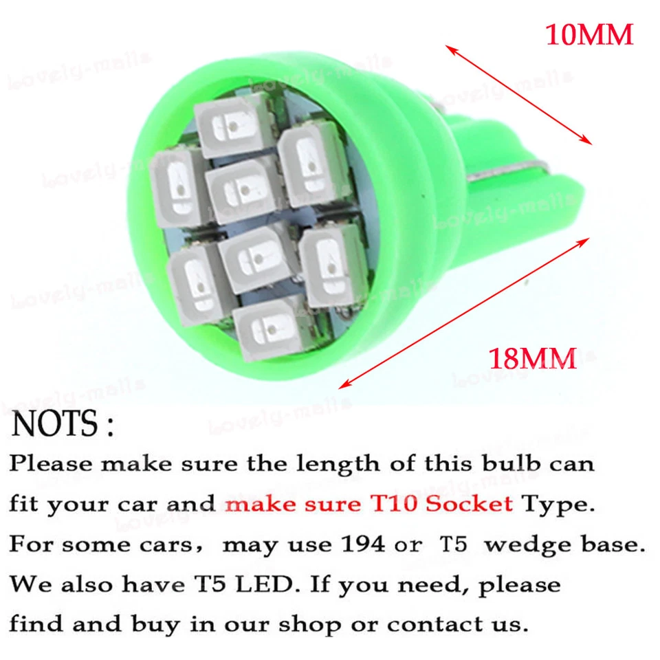 10x Verde T10 168 Panel de Instrumentos Calibre Bombilla LED 194 Zócalo de Bloqueo Giratorio Foto 2 de 4
