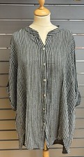 Lagenlook Quirky Cotton Striped Manderin Collar Shirt  14-20 Dk Grey