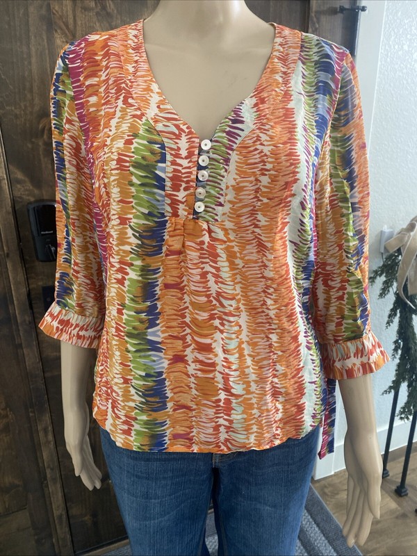 Coldwater Creek Orange Abstract 3/4 Tie Sleeve Silk Lined Blouse Size PM - 019