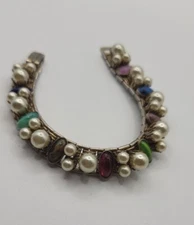 Vintage Art Nouveau Victorian Revival Bracelet Antique Goldtone Chainmail Pearl