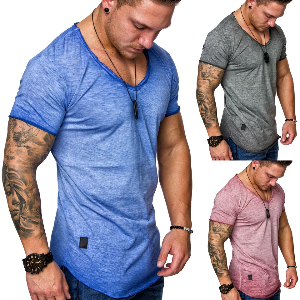 Oversize Herren Vintage T-Shirt Verwaschen V-Neck Basic V-Ausschnitt Shirt R0634 - Bild 1 von 1