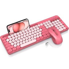 Wireless Keyboard and Mouse Combo Retro Round Keycaps Cute Full-Size Typewrit...
