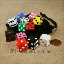 NEW 12 Multicolored Dice & Bag Set RPG Bunco Board Game Six Sided 16mm D6 Koplow