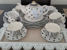 Grace Teaware white Gray Polkat Dots Set- Teapot, 6 Cups,  6 Dinner / 2 Salad Pl