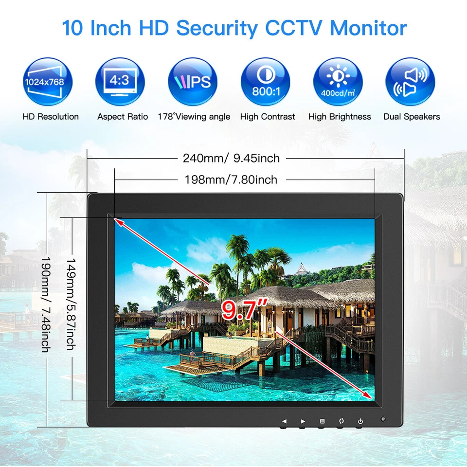 Eyoyo 10 inch Security CCTV Monitor 1024x768 HDMI LCD Monitor With VGA AV Input - Image 4 of 4