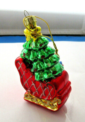 Glass Christmas Ornament ~ Sleigh w/ Christmas Tree & Gifts Marked China