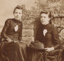 SISTERS IN IDENTICAL DRESS, ONE HOLDING HAT. PAINTED BACKGROUND CABINET CARD.