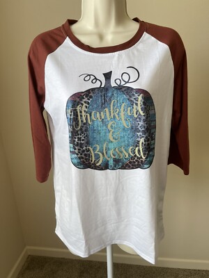 Women s White/Brown 3/4 Sleeve Round Neck  Thankful & Blessed  Tshirt s S