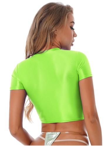 FEESHOW Women's Glossy Short Sleeve Crop Tops T-Shirt Gym Yoga Sports Tops AU - Picture 34 of 80