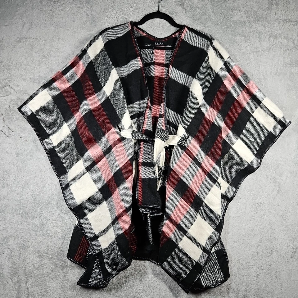 Akira Women's Black Red Ivory Plaid Cape/Shawl/Poncho/Wrap Belted One Size EUC