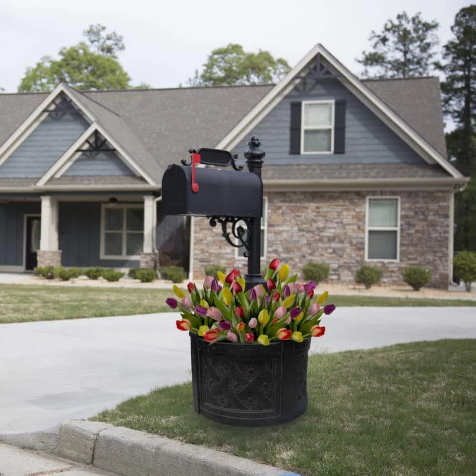 Mpg Urna Plantadora Grande Negro Envejecido Carbón Piedra Fibra de Vidrio Buzón Barril Redondo Foto 2 de 4