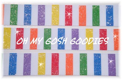 5  YARD SALE - 7/8 GLITTER RAZZLE DAZZLE STRIPE PRIMARY GROSGRAIN RIBBON