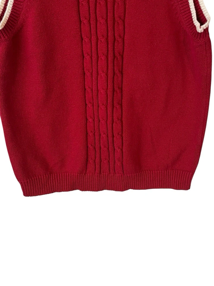 Chaleco de suéter de punto Greendog para niños talla 7X Rojo Blanco Ribete de punto de cable Cuello en V acanalado Foto 4 de 4