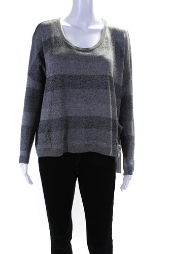 Theory Womens Striped Crew Neck Cropped Aprily Sweater Gray Wool Size Petite
