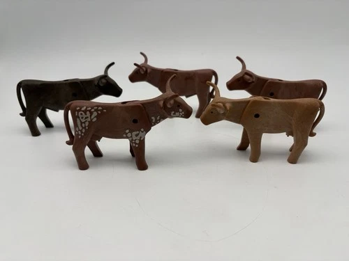 Playmobil Longhorn Brown Bull & Cow Lot of 5 Toy Figures Vintage