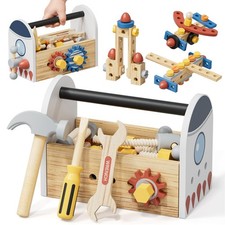 Wooden Kids Tool Set, Space Themed Montessori Toy, 47Pcs Construction Toolbox...