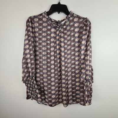 Maison d'Amelie High Collar Long Sleeve Blouse Medium Ruffle Floral Geometric