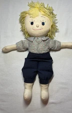 Vintage Handmade Rag Doll BOY Blonde Hair Button Eyes EUC
