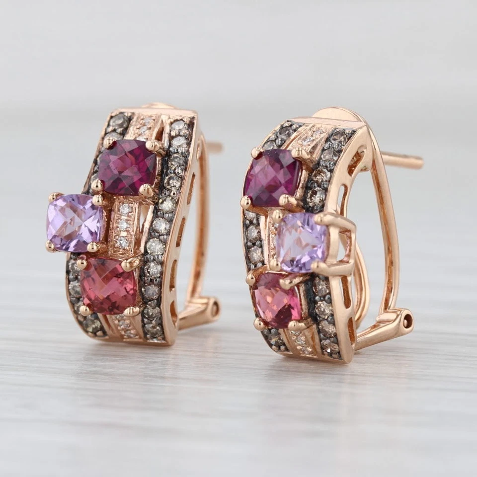 Серьги-капли из розового золота 14 карат с бриллиантами гранатом турмалином аметистом Le Vian 1,96 карата - Изображение 2 из 4