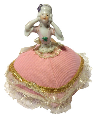 Vintage Porcelain Lady with Hands on Hips Satin Lace Pincushion Half Doll B2