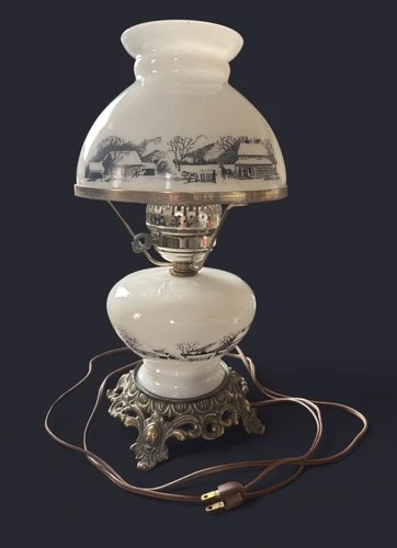Vintage Currier & Ives Milkglass Table Lamp Light, Nice! Country Scene