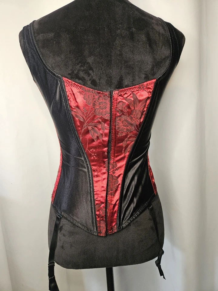 Vintage Y2K Victoria's Secret Black Red Floral Lace Up Corset Med Garter Straps - Image 3 of 4