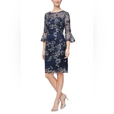 Alex Evenings Navy Blue Silver Floral Embroidered Cocktail Dress Size 6P 189