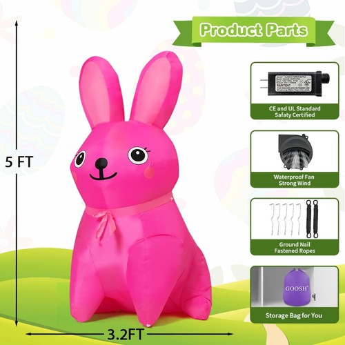 5 FT Easter Inflatables Bunny Outdoor Decorations Blow Up Yard Cute Pink Rabb... - Picture 6 of 6