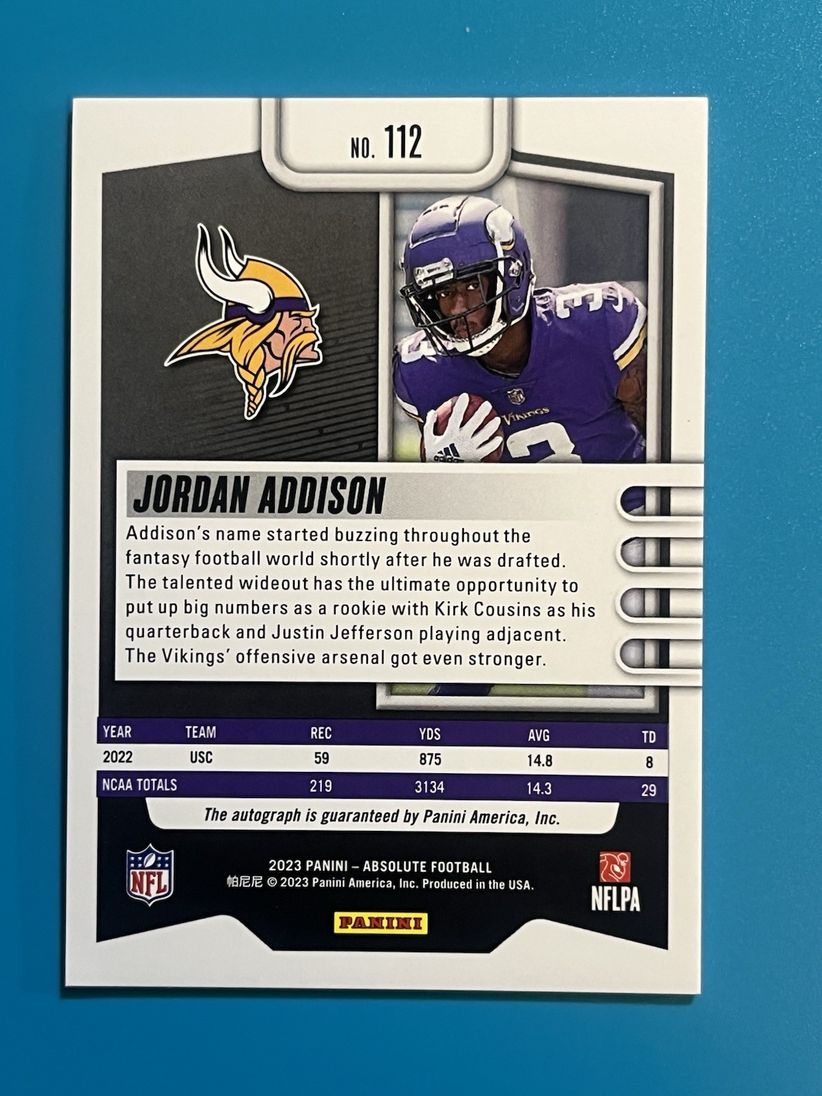 Jordan Addison 2023 Panini Absolute Blue Spectrum Rookie Auto /50 #112 view 2