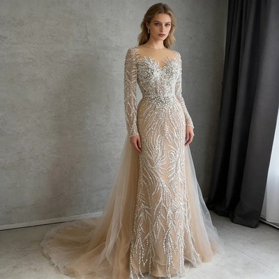 Luxury Beaded Mermaid Evening Gown with Long Sleeves Formal Wedding Party Dress 