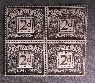 GB Postage due SG D29 2d agate BLOCK OF 4 used GviR 1937 38 . Ref FH11