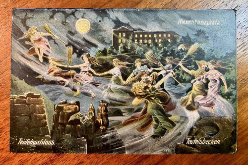 ANTIQUE Halloween Postcard WITCH SNAKE CAT BAT SPIDER BROOM MOON FANTASY #647