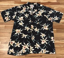 Paradise Found Hawaiian Aloha Shirt Mens Large Black Floral Made in Hawaii Print