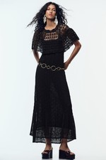 Zara Black Pointelle Ruffled Knit Long Dress Crochet style Size M Viral RRP $79