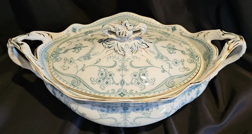 Antique 1910's Burgess & Leigh Sydenham Teal Transferware Serving Dish w/ Lid - Image 3 of 4