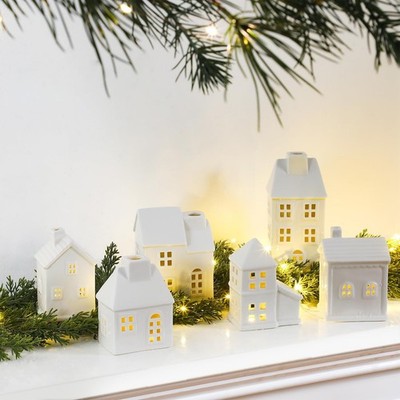 Blueweenly 16 Pcs Ceramic Christmas Village Sets Include 6 White Porcelain Vi...