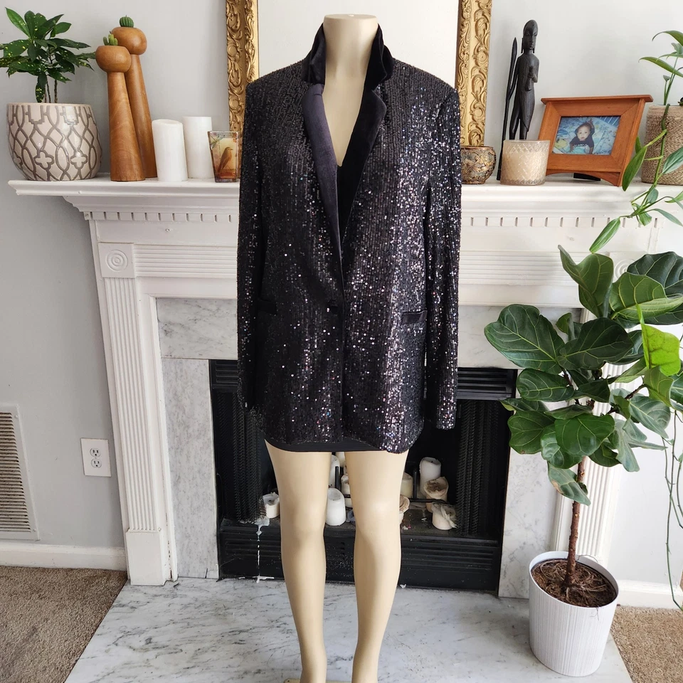 Blazer Vintage Y2K Negro Lentejuelas Terciopelo Brillante Fiesta Vacaciones Talla XL Foto 2 de 4