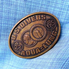 US Divers Aqua Lung 25 Yrs Jacques Cousteau Belt Buckle Scuba Brass Vtg  .GMP307