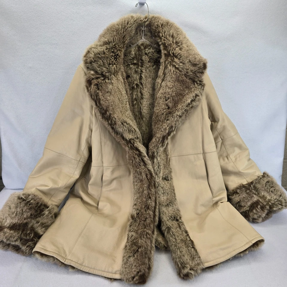 Vtg Excelled Collection Beige Leather Winter Coat Reversible Faux Fur Womens XL - Image 3 of 4