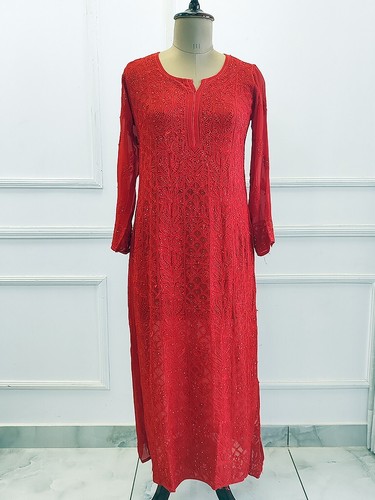 Rojo Viscosa Chikankari Recto Kurti Étnico Fiesta Ropa Hecho a Mano Kurta - Imagen 2 de 5