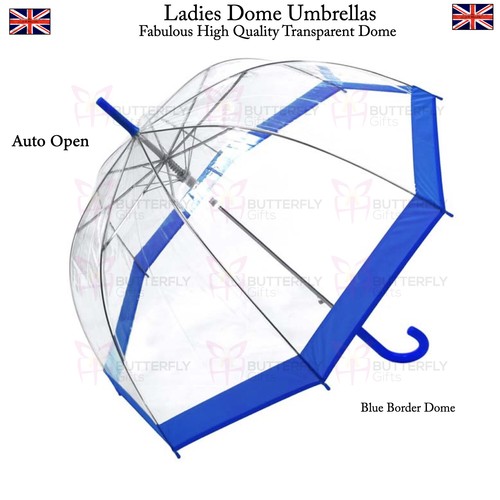 Ladies Umbrella Rain Strong Umbrella Walking Length Clear Dome Brolly Border - Picture 46 of 110